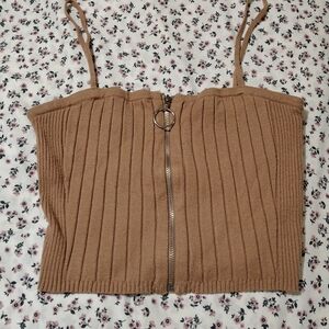 Kendall & Kylie Tan Ribbed Zip-Up Camisole